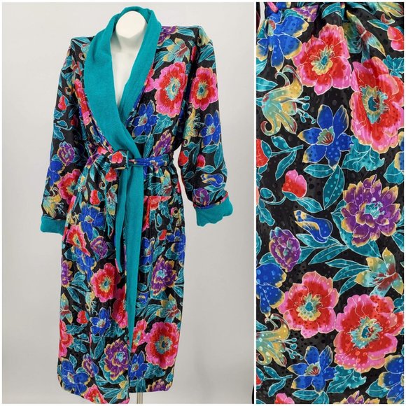 Other - Vibrant Floral Print French Terry Lined Satin Robe
